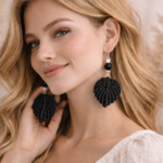 Black macrame leaf drop earrings boho jewelry