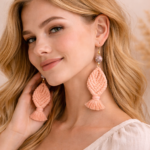 Handmade macrame leaf earrings with tassel and bead detail