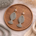 Grey macrame leaf tassel earrings