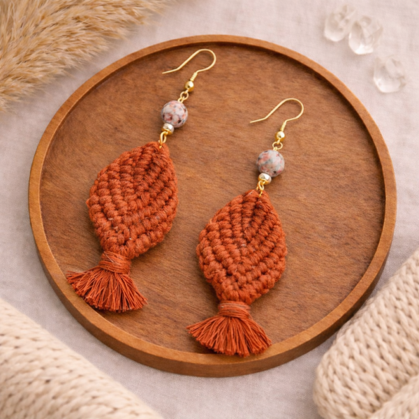 Rust macrame leaf handmade earrings