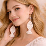 White macrame leaf earrings handmade boho jewelry
