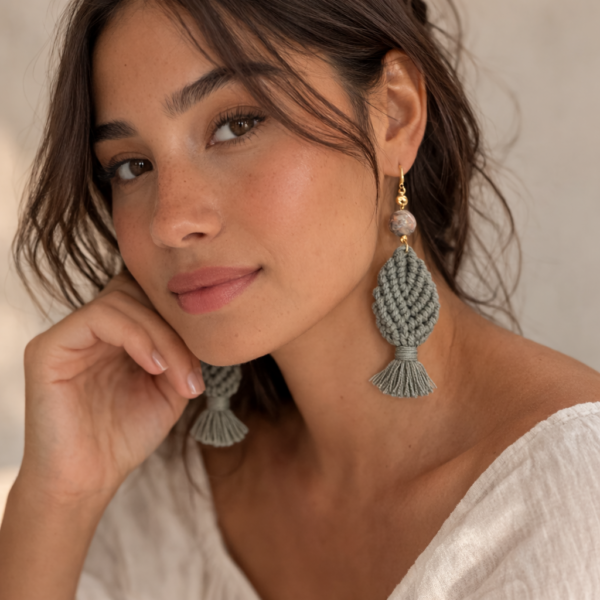 Grey macrame leaf tassel earrings