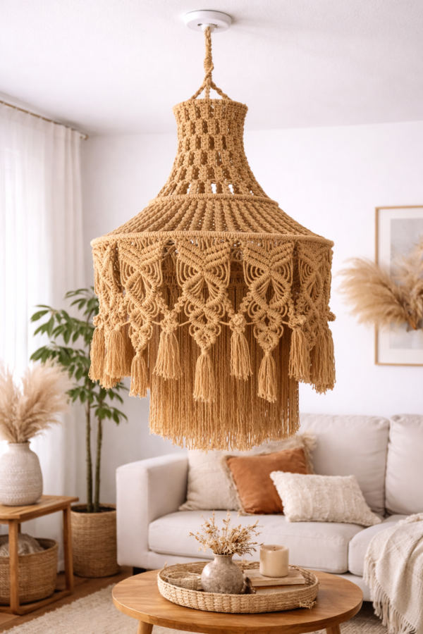 handmade macrame ceiling light beige color
