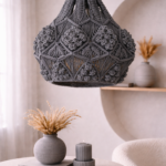 charcoal macrame pendant light hanging in modern boho living room
