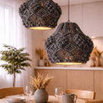 charcoal macrame pendant light hanging in modern boho living room