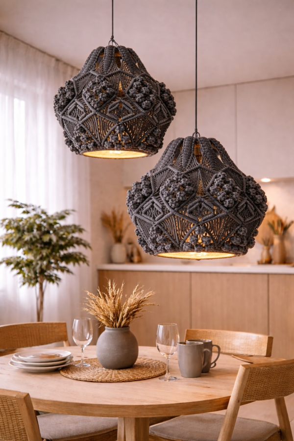charcoal macrame pendant light hanging in modern boho living room
