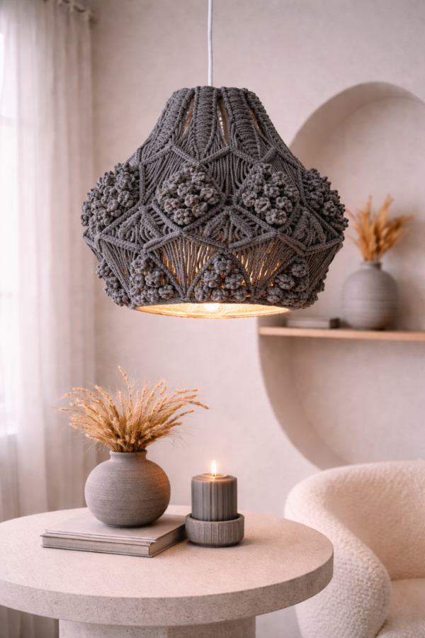 charcoal macrame pendant light hanging in modern boho living room
