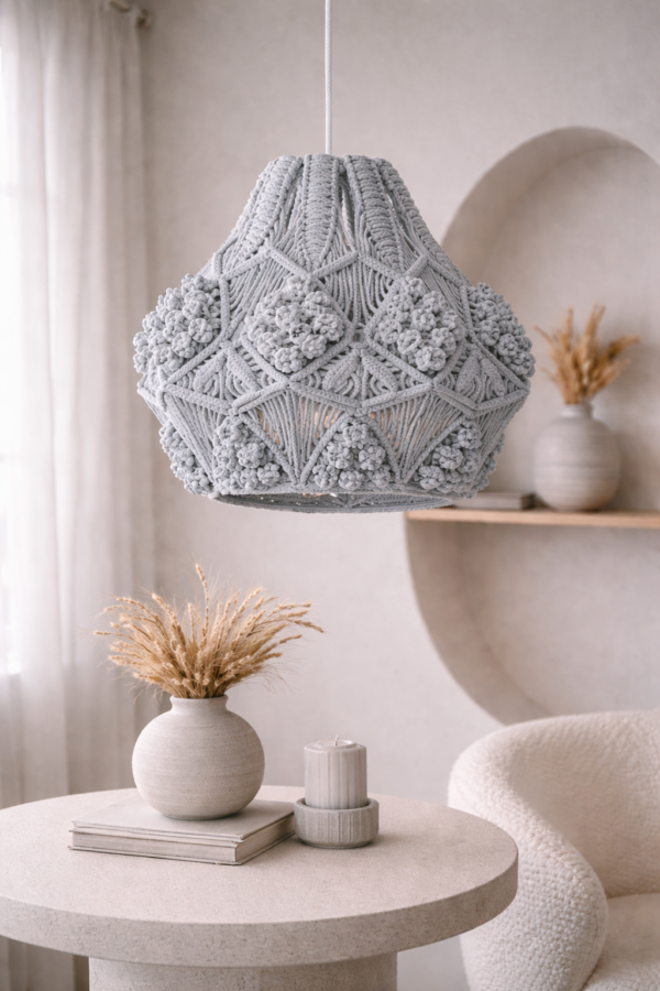 light blue macrame pendant light hanging in modern boho living room