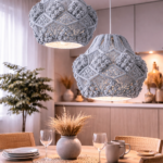 light blue macrame pendant light hanging in modern boho living room