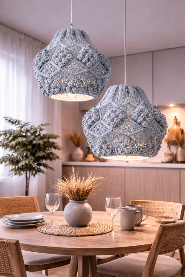 light blue macrame pendant light hanging in modern boho living room