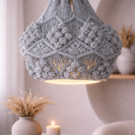 light blue macrame pendant light hanging in modern boho living room