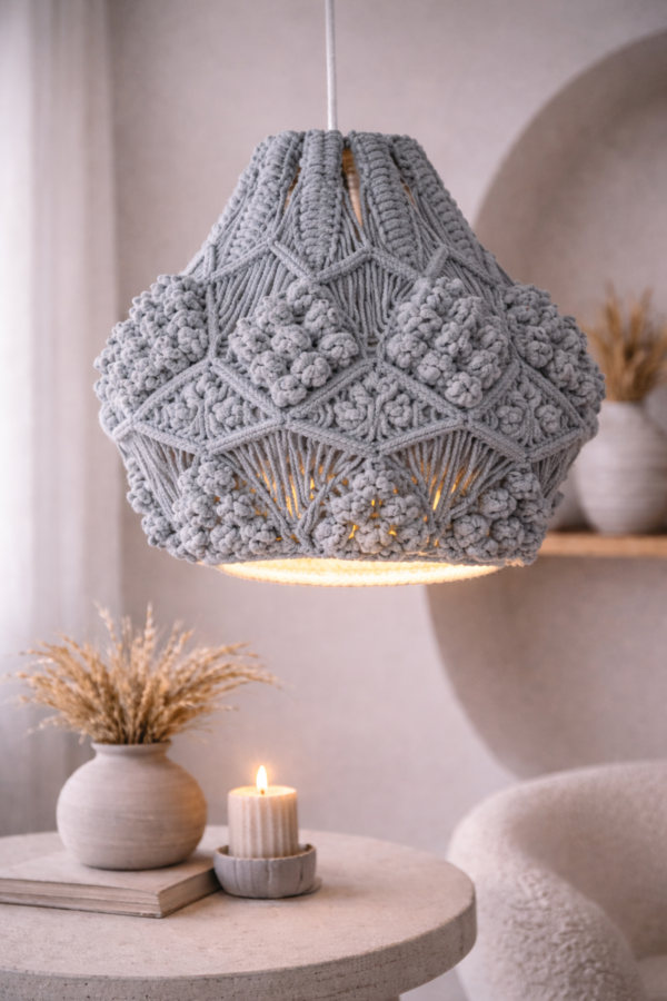 light blue macrame pendant light hanging in modern boho living room