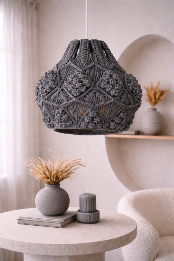 charcoal macrame pendant light hanging in modern boho living room