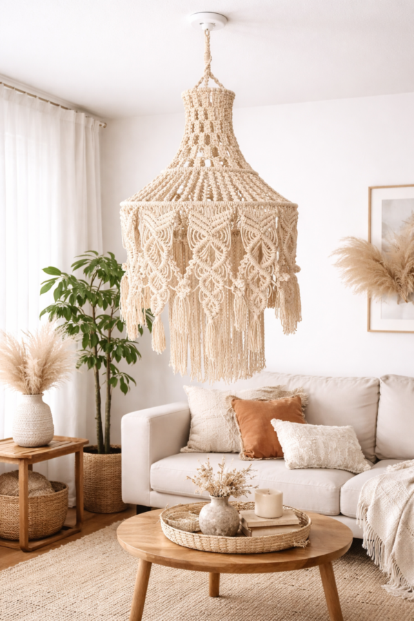 macrame pendant lamp glowing in cozy living room
