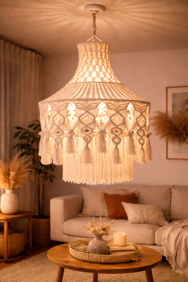 boho macrame hanging lamp with warm light