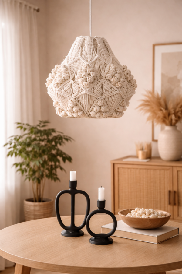white handmade macrame pendant light hanging in modern boho living room