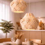 white handmade macrame pendant light hanging in modern boho living room