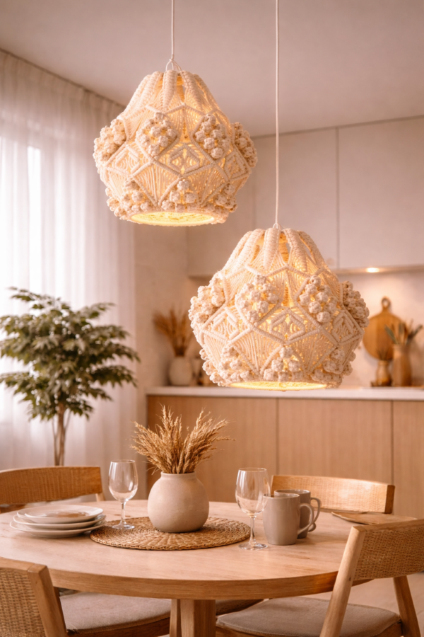 white handmade macrame pendant light hanging in modern boho living room