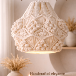 white handmade macrame pendant light hanging in modern boho living room