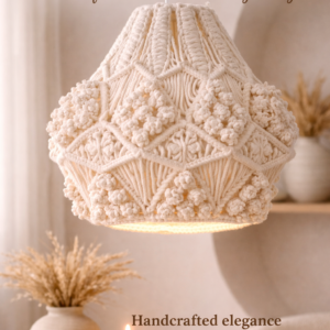 white handmade macrame pendant light hanging in modern boho living room