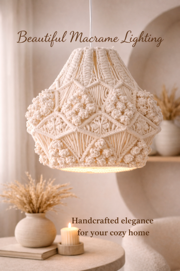 white handmade macrame pendant light hanging in modern boho living room