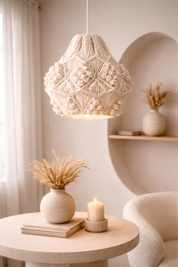 white handmade macrame pendant light hanging in modern boho living room
