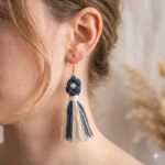 handmade macrame tassel earrings blue cream