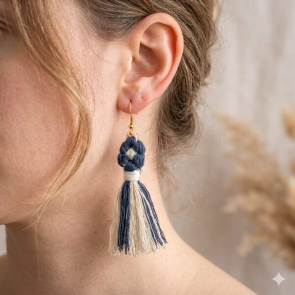 handmade macrame tassel earrings blue cream