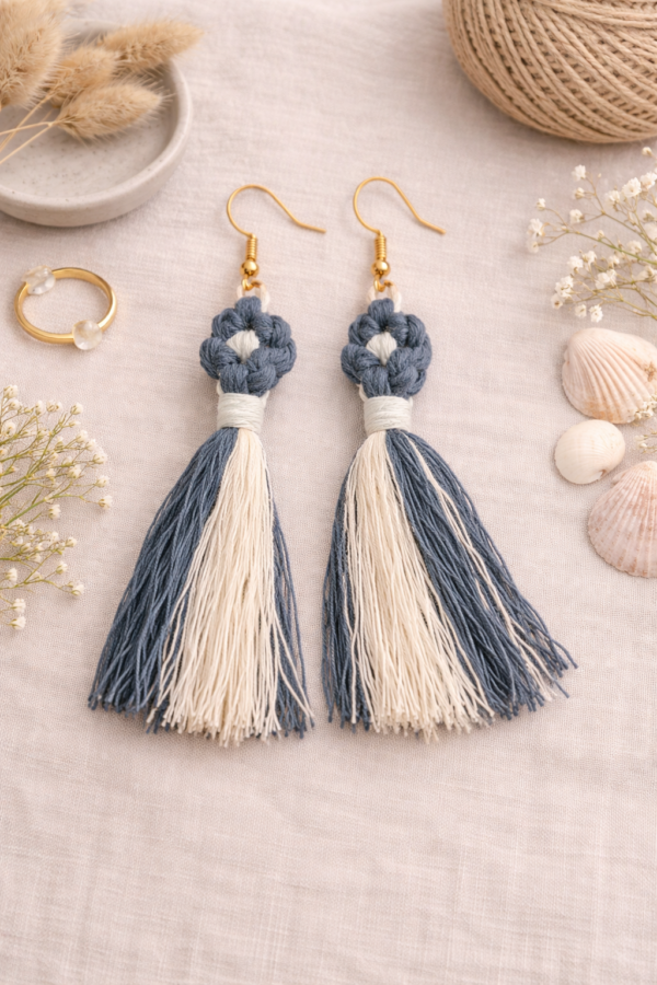 handmade macrame tassel earrings blue cream