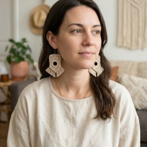 Handmade macrame tassel earrings with gold hooks in boho style