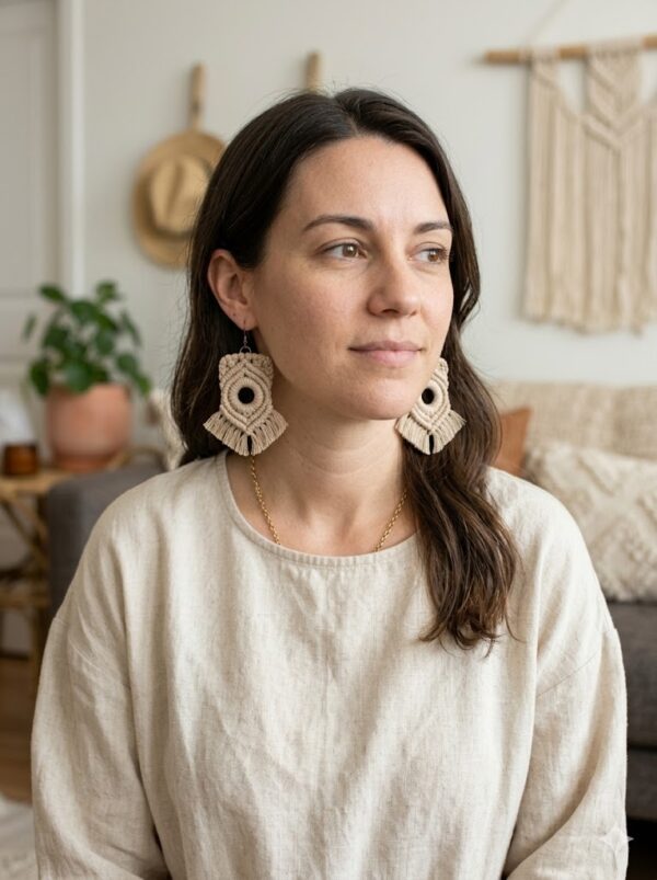 Handmade macrame tassel earrings with gold hooks in boho style
