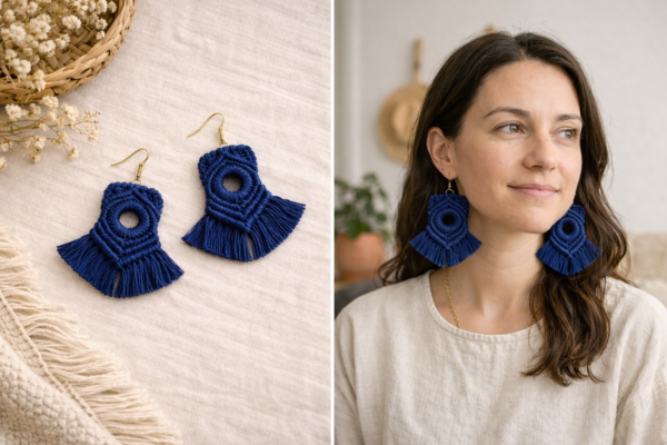 Navy blue macrame tassel statement earrings