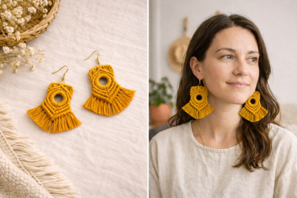 Mustard macrame tassel handmade earrings