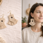 Beige macrame tassel boho earrings