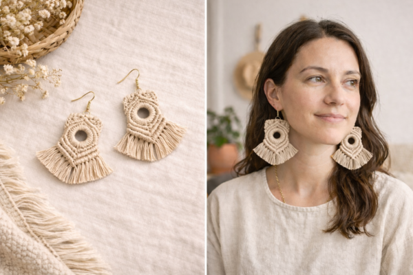 Beige macrame tassel boho earrings