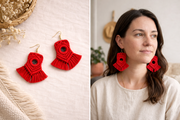Red handmade macrame tassel earrings