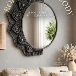 Handcrafted grey macrame oval half frame mirror wall mirror and half-frame boho design hanging above sofa