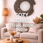 grey macrame wall mirror boho round fringe design styled above sofa in boho living room decor