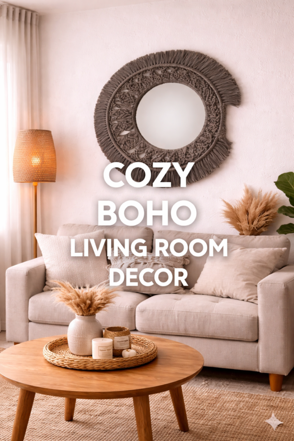 grey macrame wall mirror boho round fringe design styled above sofa in boho living room decor