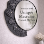 Handcrafted grey macrame oval half frame mirror wall mirror and half-frame boho design hanging above sofa