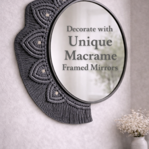 Handcrafted grey macrame oval half frame mirror wall mirror and half-frame boho design hanging above sofa