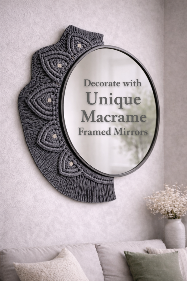 Handcrafted grey macrame oval half frame mirror wall mirror and half-frame boho design hanging above sofa