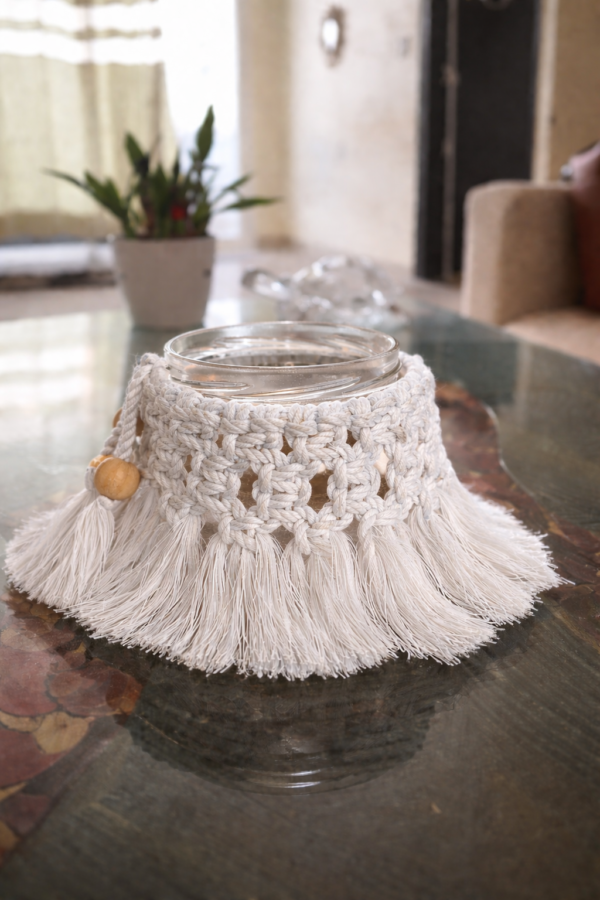 handmade mustard macrame candle holder jar boho decor