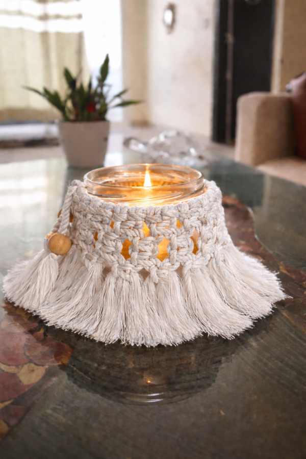 handmade mustard macrame candle holder jar boho decor