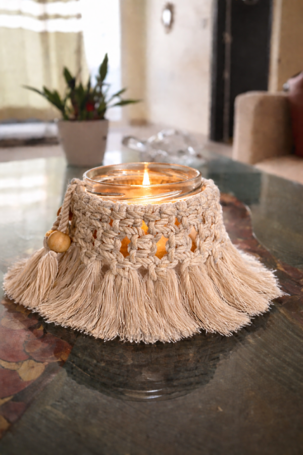 handmade mustard macrame candle holder jar boho decor