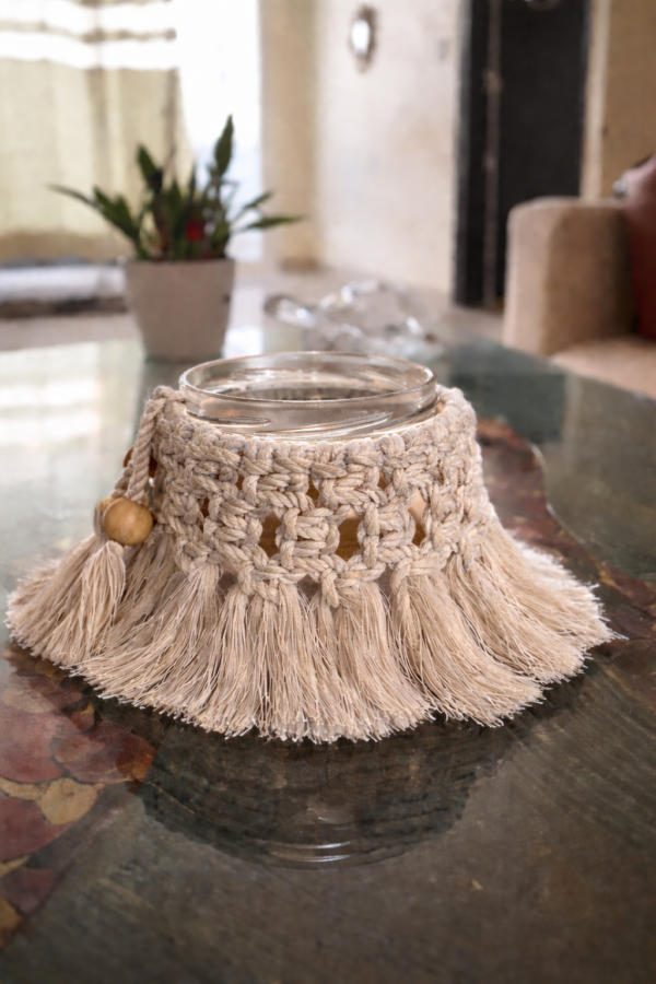 handmade mustard macrame candle holder jar boho decor