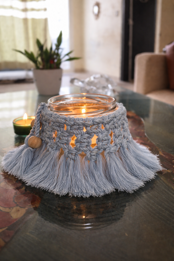 handmade mustard macrame candle holder jar boho decor