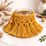 handmade mustard macrame candle holder jar boho decor