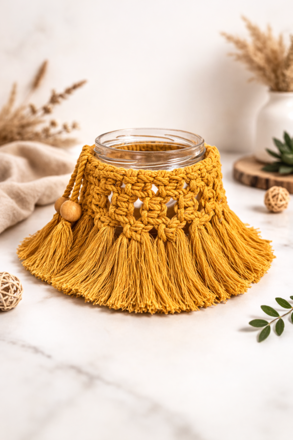 handmade mustard macrame candle holder jar boho decor