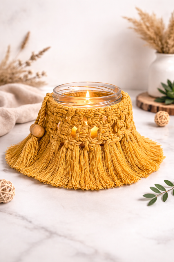 handmade mustard boho macrame candle holder jar boho decor